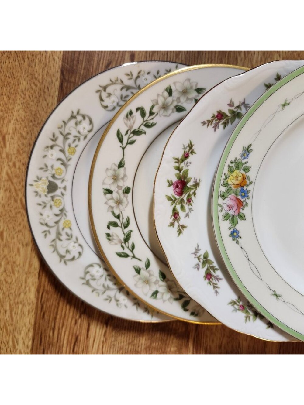 4- Mismatched Green Floral ~6.25" Fine China Dessert Cake Plates Gold Rims Porce